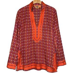 Tory Burch Women’s 4 Orange Pink White Link Print Cotton Long Sleeve Tunic Top